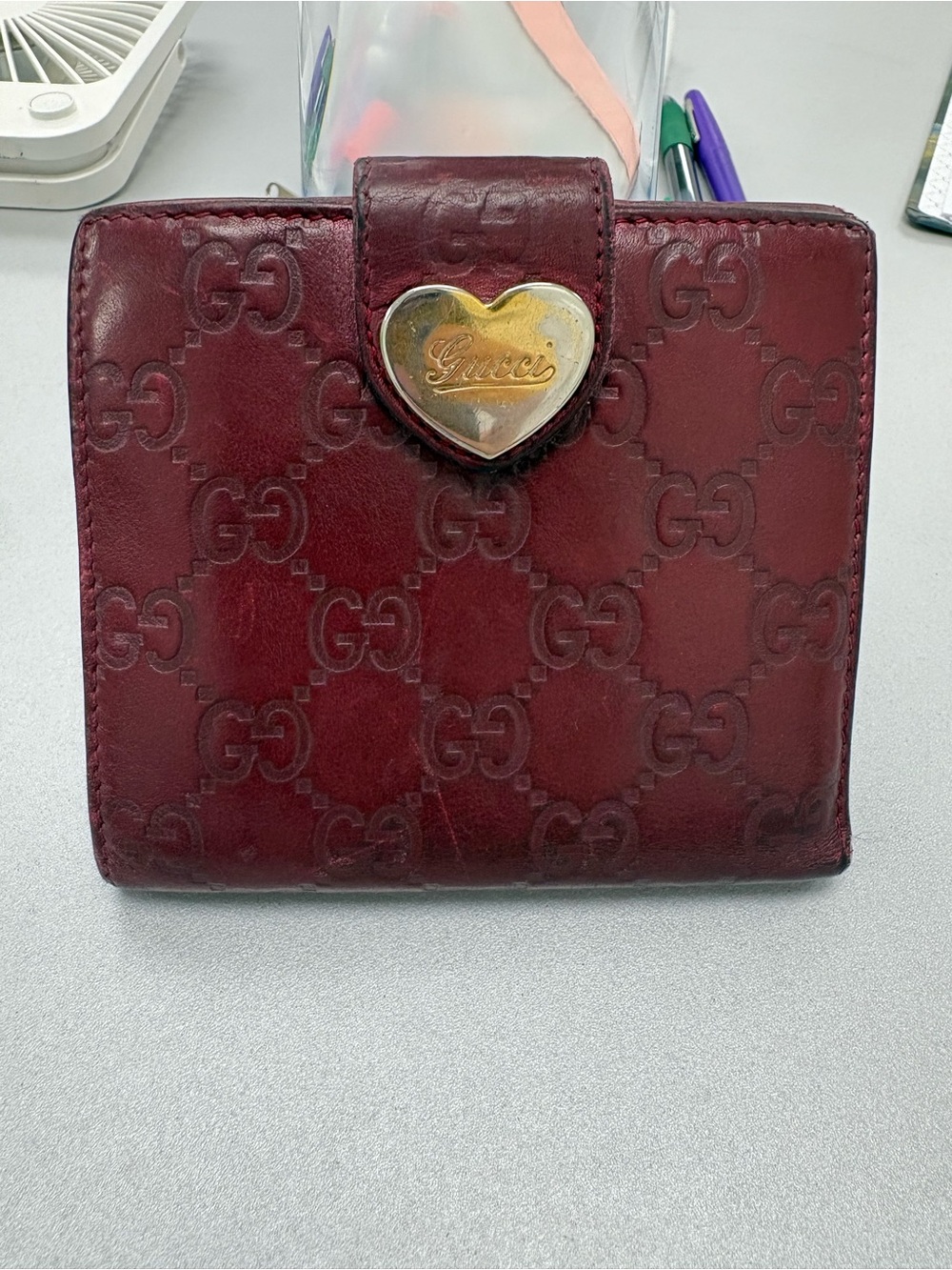 Gucci Burgundy Leather Wallet with Gold Heart Logo - Picture 1 of 11